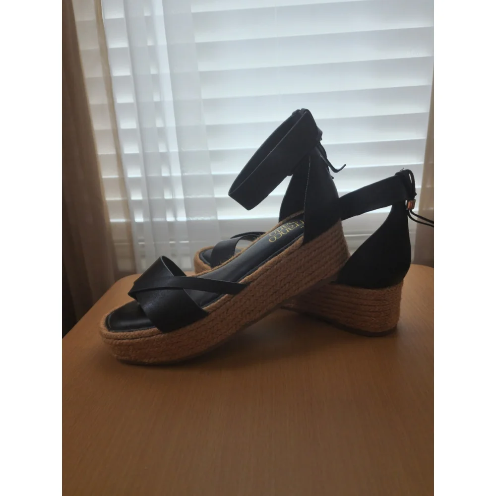 Franco Sarto Verita LEATHER Espadrille Platform Thong Sandal SZ 10 M BLACK